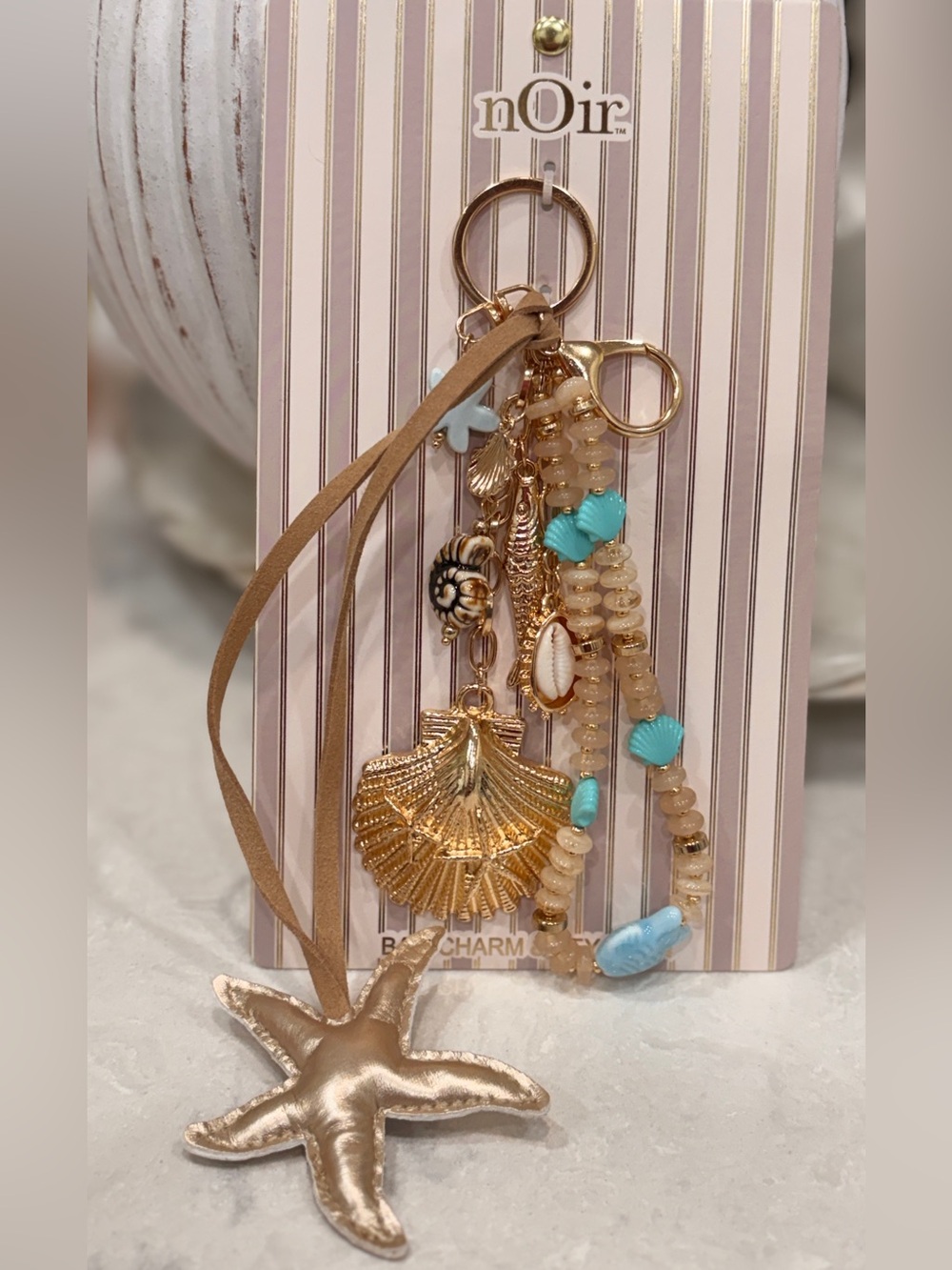 Jewelry Gold, Turquoise & Tan Coastal Bag Charm & Key Holder